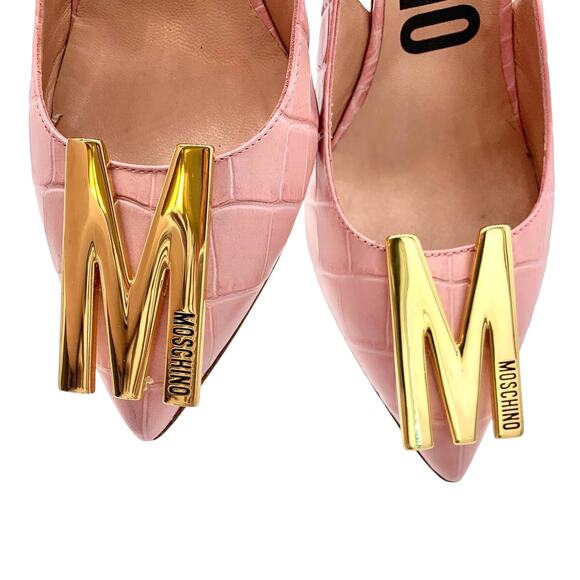 Moschino Couture Croc Embossed Leather M Slingback Pointed Heels Pink Gold 38.5 - Picture 7 of 13